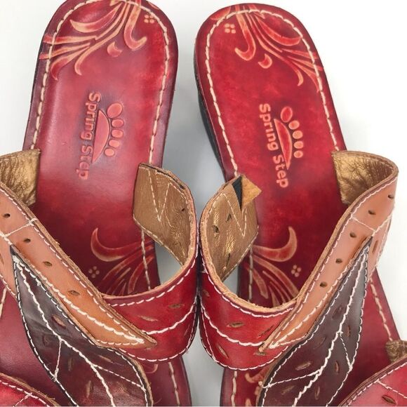 Spring Step AZALEA Red Brown Laser Cut Leaf Whimsical Wedge Heel Open Toe Sandal - Picture 6 of 15